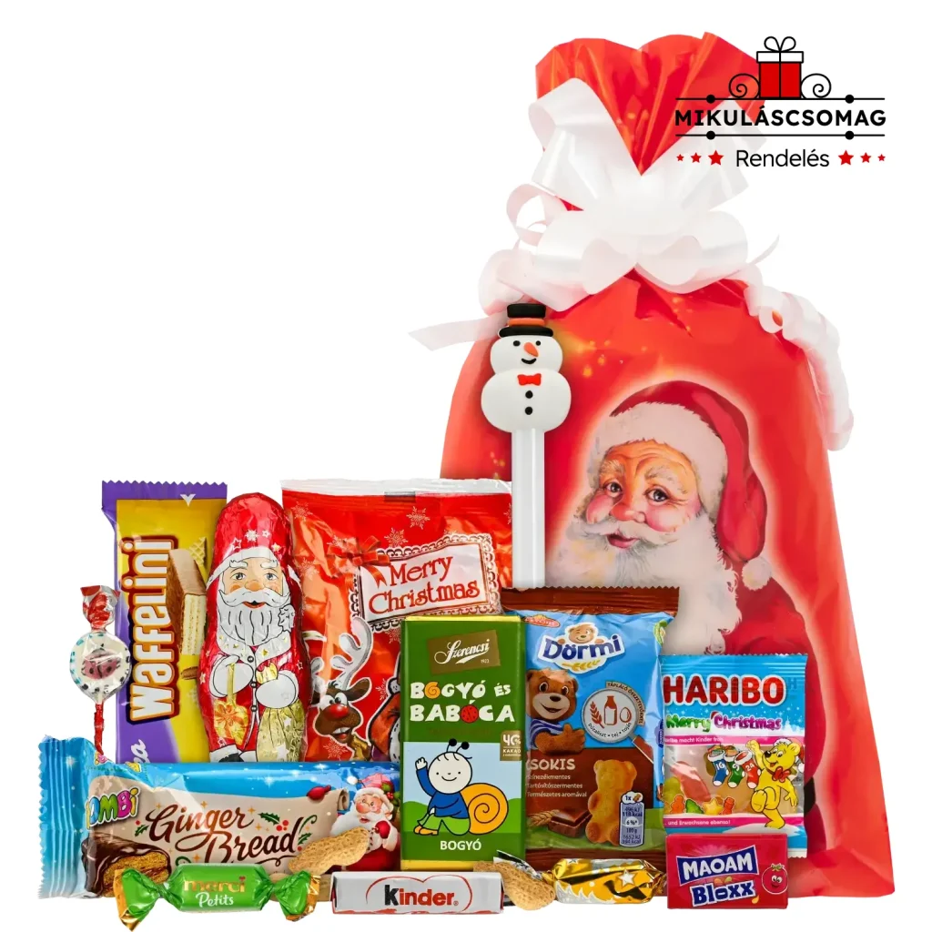 Játékos csomag Mikulás zsákkal és különleges mikuláscsomag édességekkel és mikulás játékkal