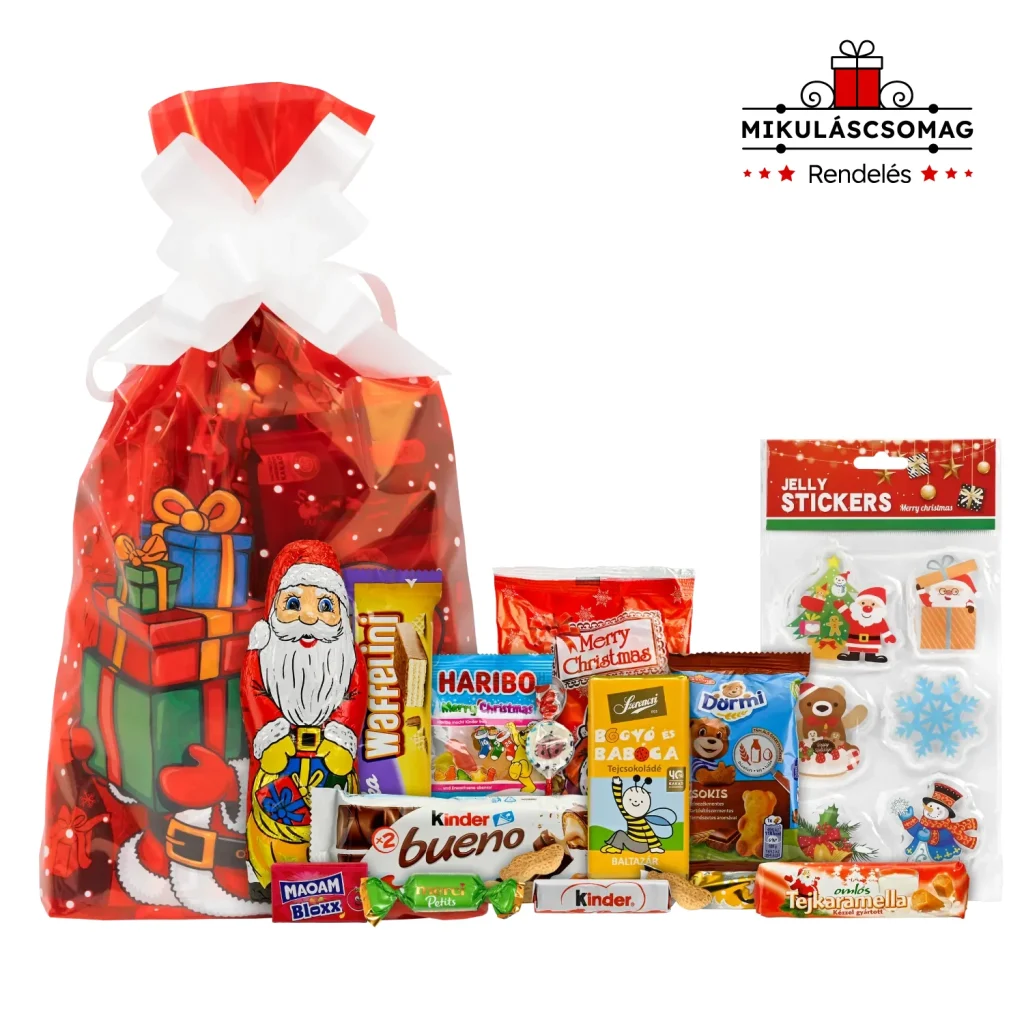 Játékos csomag Mikulás zsákkal és különleges mikuláscsomag édességekkel és mikulás játékkal