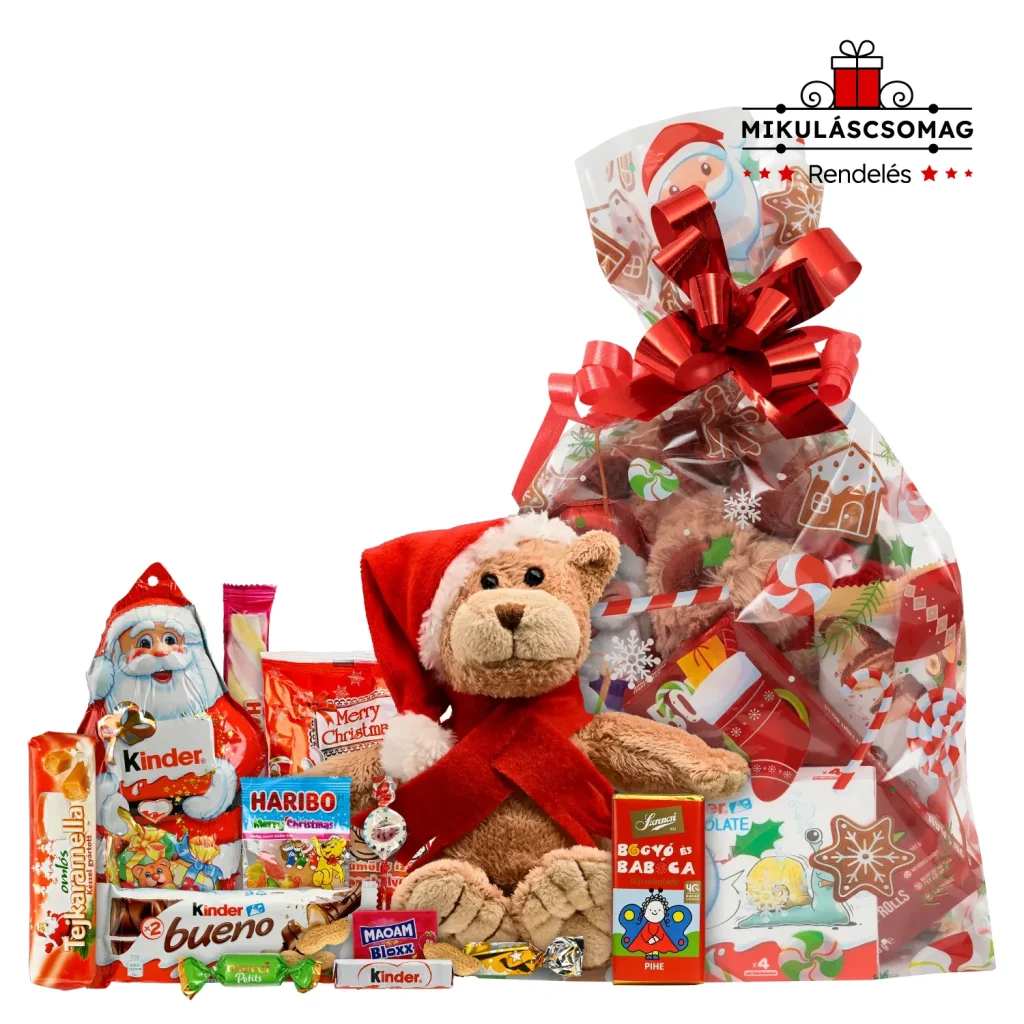 Játékos csomag Mikulás zsákkal és különleges mikuláscsomag édességekkel és mikulás játékkal