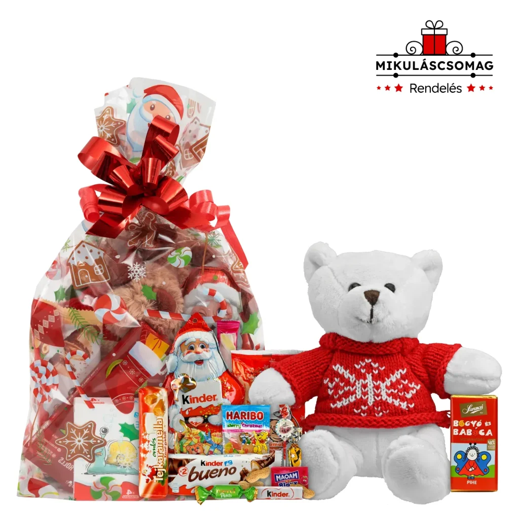 Játékos csomag Mikulás zsákkal és különleges mikuláscsomag édességekkel és mikulás játékkal