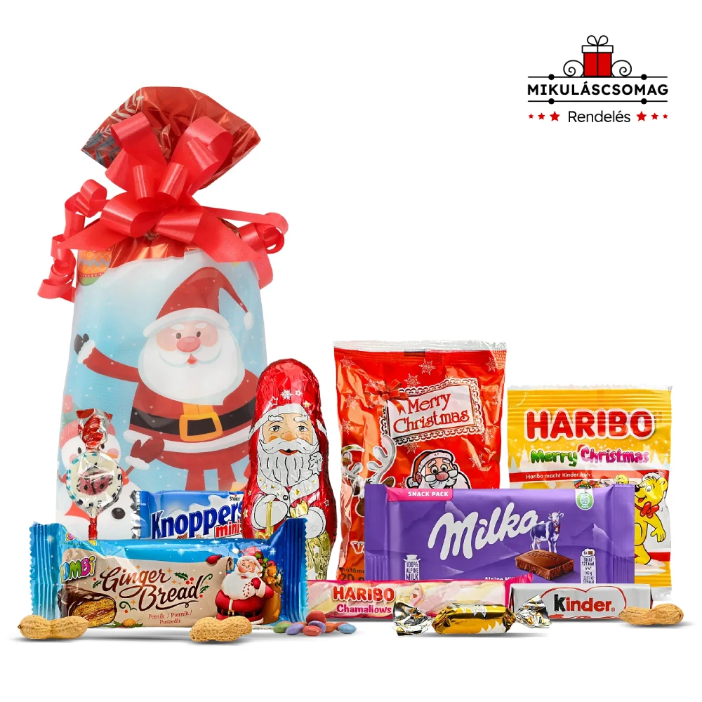 Mikulás csomag Mikulás zsákkal és finomságokkal