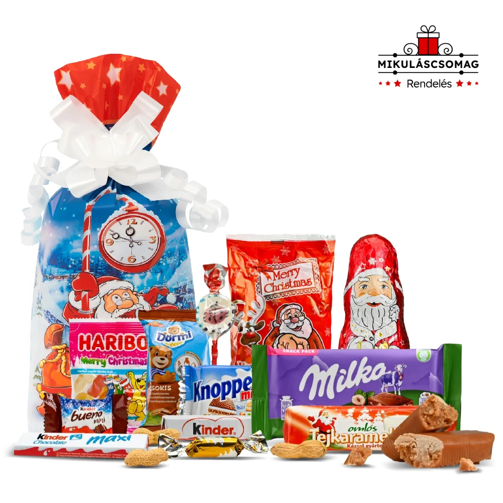 Mikulás csomag Mikulás zsákkal és finomságokkal