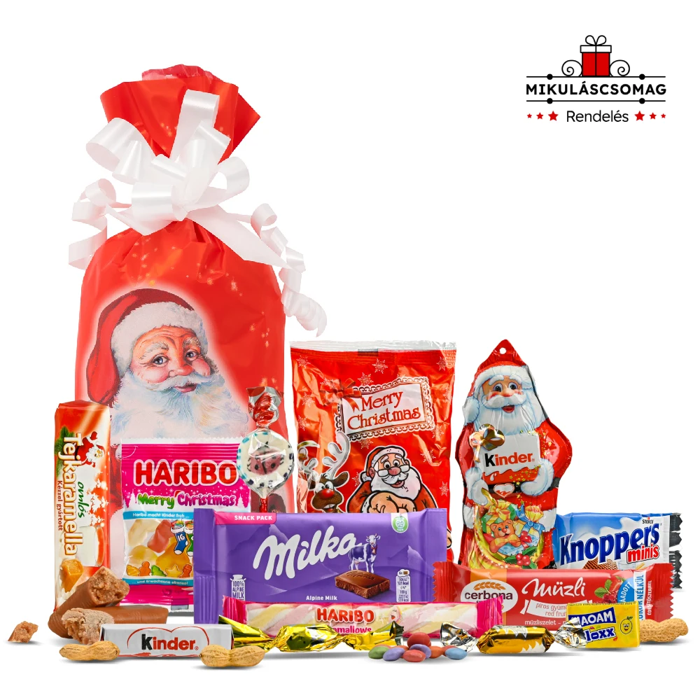 Mikulás csomag Mikulás zsákkal és finomságokkal