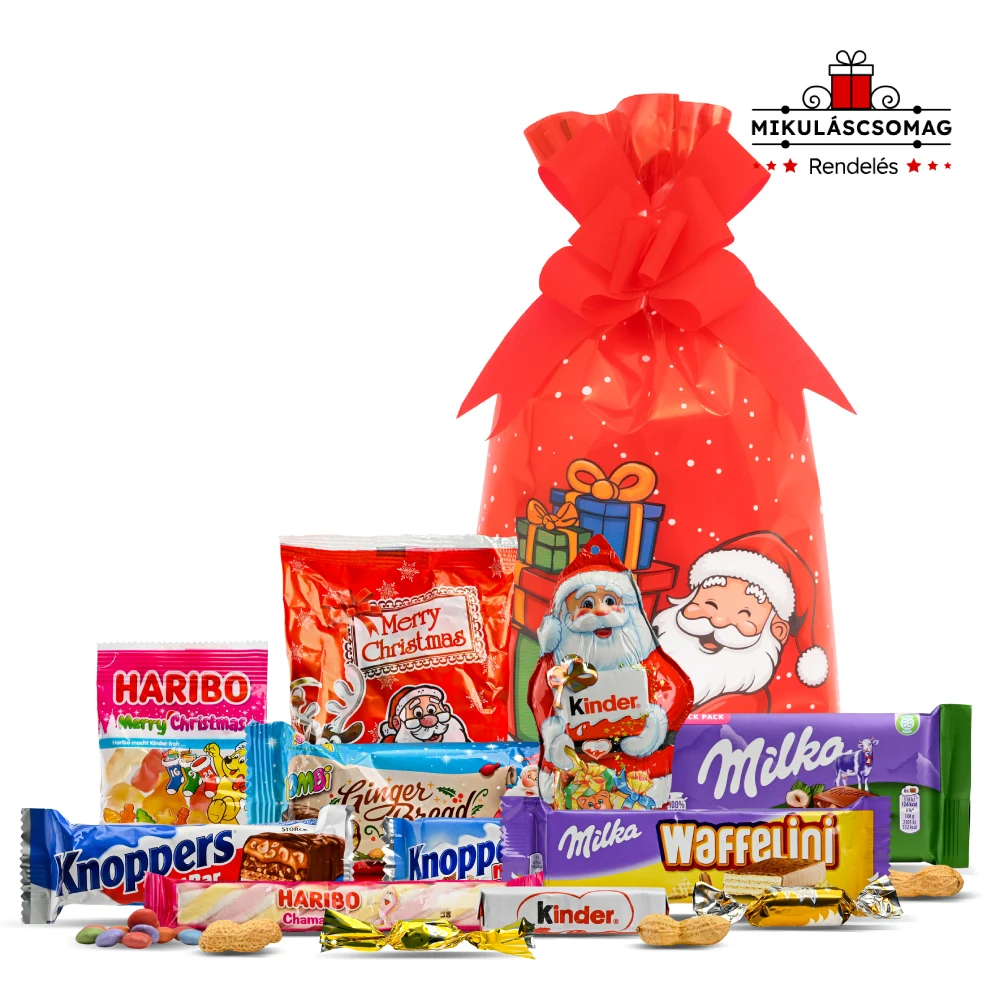 Mikulás csomag Mikulás zsákkal és édességekkel