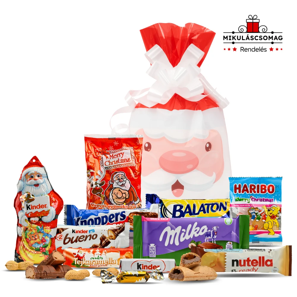 Mikulás csomag Mikulás zsákkal és finom édességekkel