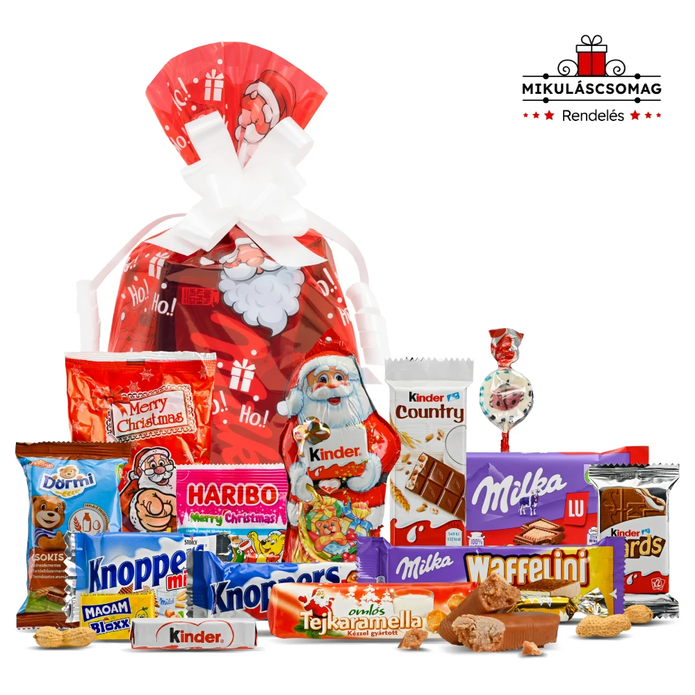 Mikulás csomag Mikulás zsákkal és finom édességekkel