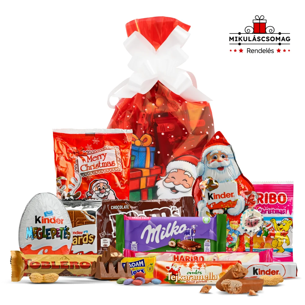 Mikulás csomag Mikulás zsákkal és különleges mikuláscsomag édességekkel