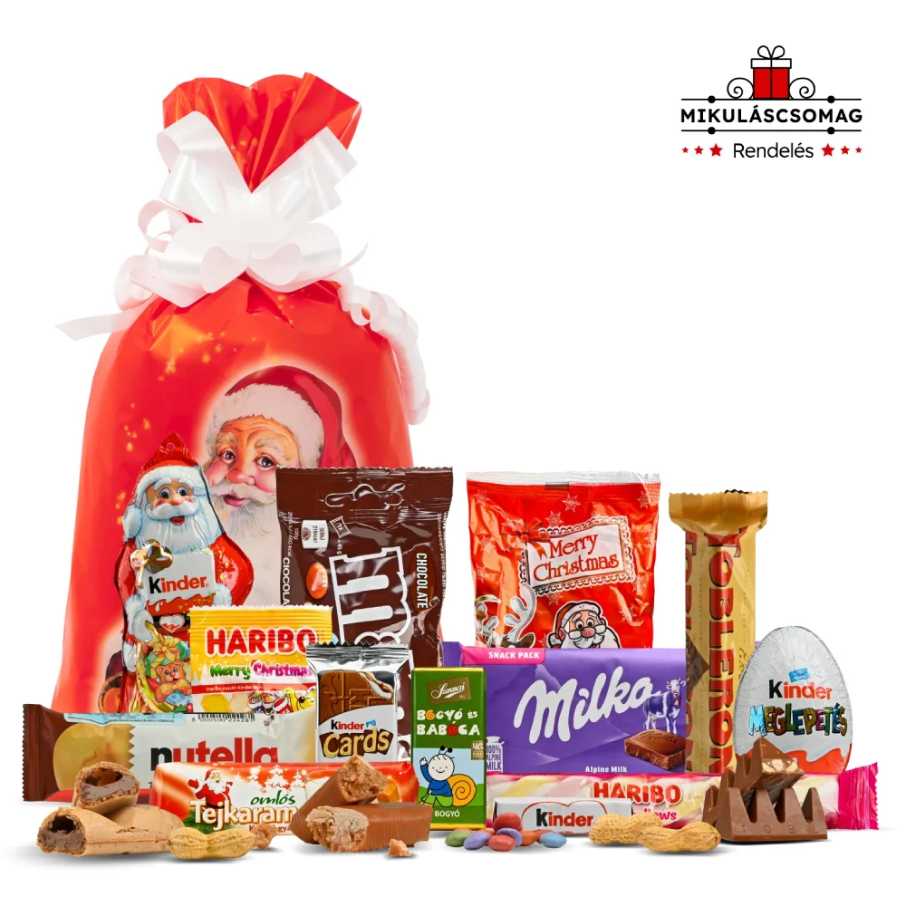 Mikulás csomag Mikulás zsákkal és különleges mikuláscsomag édességekkel
