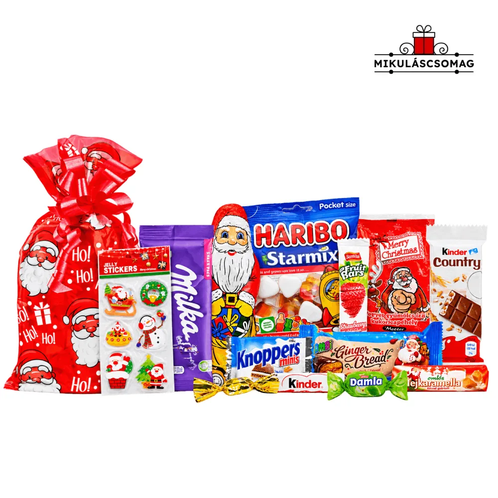 Játékos Mikulás csomag édességekkel és karácsonyi Jelly matrica készlettel